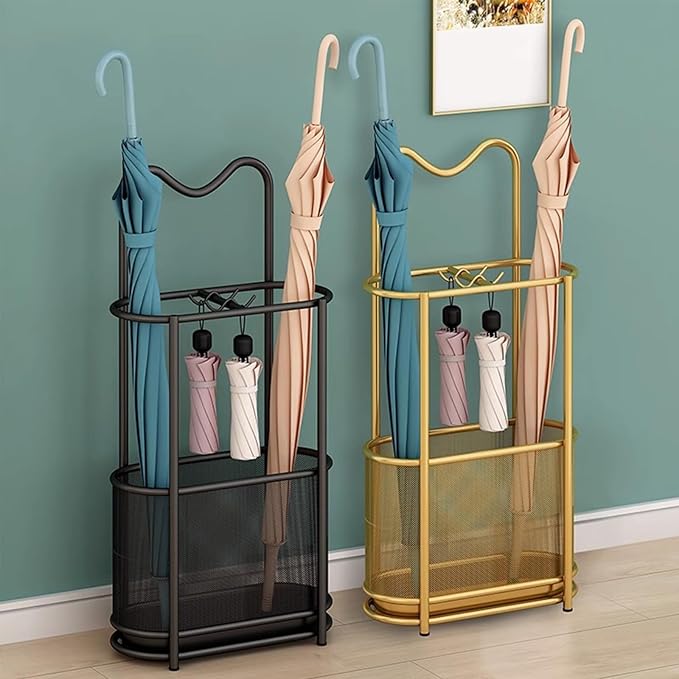 Metal Umbrella Holder Stand,Freestanding Umbrella Holder with Hooks and Drip Tray, Space Saving Umbrella Stand Rack Organizer for Entryway Home Office Patio Decor(30x15x60cm(12x6x24inch), Black)
