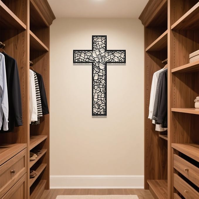 Black Metal Cross Wall Decor Iron Christian Cross for Home Church, Hollow Out Artistic Hanging Ornament, Crosses Wall Decor for Living Room, Bedroom, Decorative Thankful Religious Gift 35.4x23.5 inch