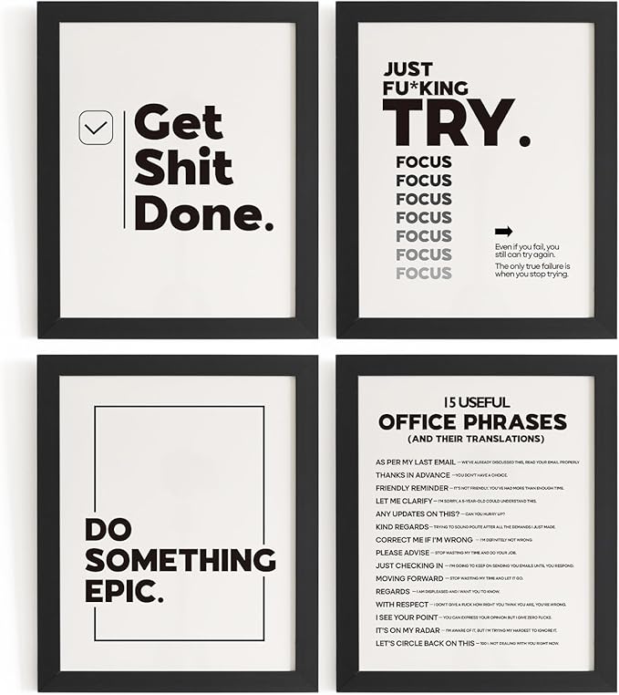 DSHFG Funny Motivational Office Pictures Wall Art Decor Prints Set of 4, Motivational Wall Art Decor Trendy Retro Posters Prints for Office Home Decor, 8x10 Unframed