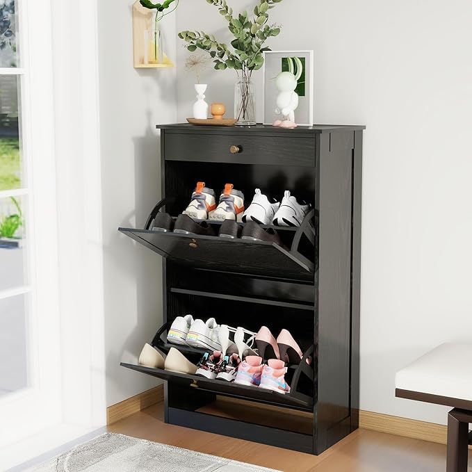 Shoe Cabinet with 2 Flip Drawers, Slim Freestanding Hidden Shoe Organizer with Drawer, Pet-Proof Shoe Storage Cabinet for Entryway Living Room Behind The Door, Black