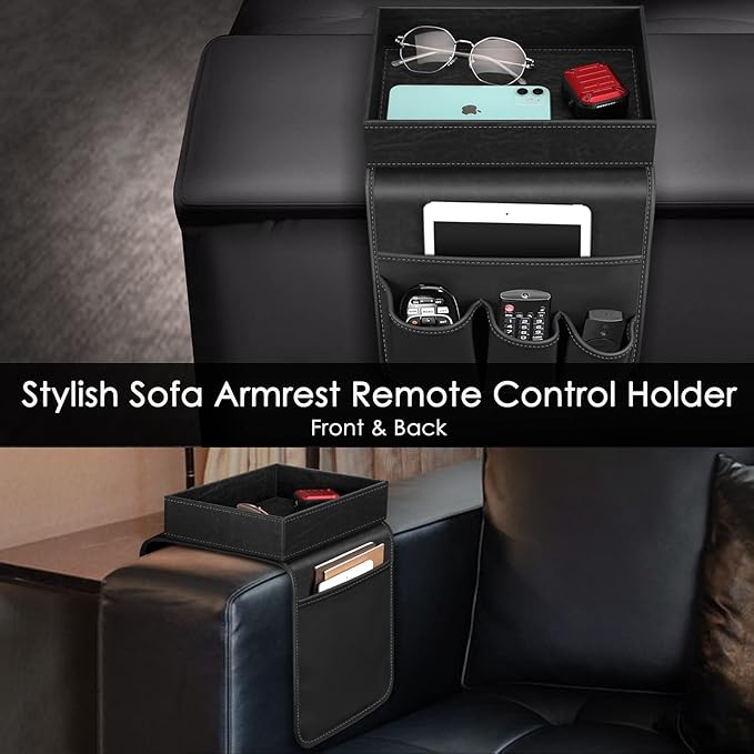 SITHON Sofa Remote Control Holder with Detachable Tray - [Non Slip] PU Leather Chair Couch Armrest Organizer Caddy with 5 Pockets for Magazines Phone iPad TV Remote Game Controller Eyeglasses (*Black)
