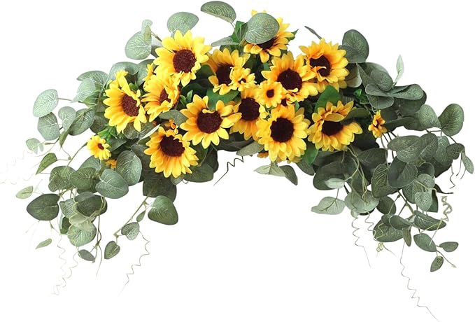 Artificial Sunflower Swag, 30Inch Decorative Flower Swag with Green Leaves Hanging Ornament Floral Swag Door Swag for Door Wedding Party Decoration