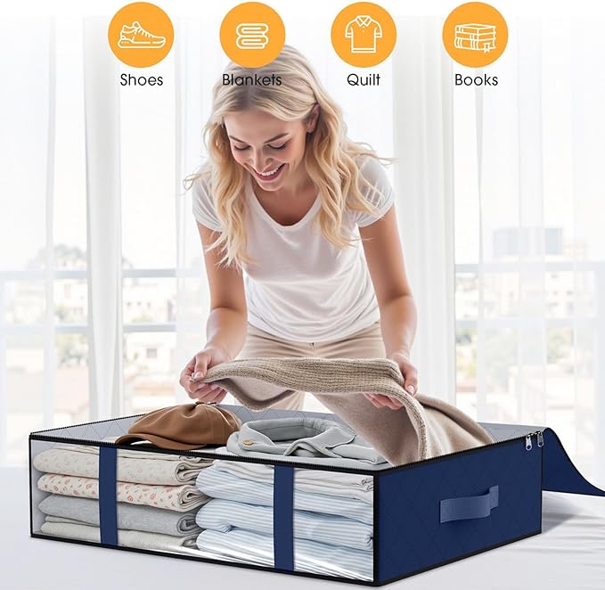 StorageRight Under Bed Storage Bags 3 Pack, 40L Large Clothes & Comforter Storage Containers with Clear Window, Breathable Fabric Organizer for Blankets, Bedding, Seasonal Clothing, Blue