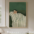 Framed Woman Bedroom Wall Art, Large Cozy Woman Canvas Painting for Room Decor, Relaxing Minimalist Artwork for Walls, Green Picture Print for Nursery Guest Room Hallway Wall Art Decor, 24x36 Inch