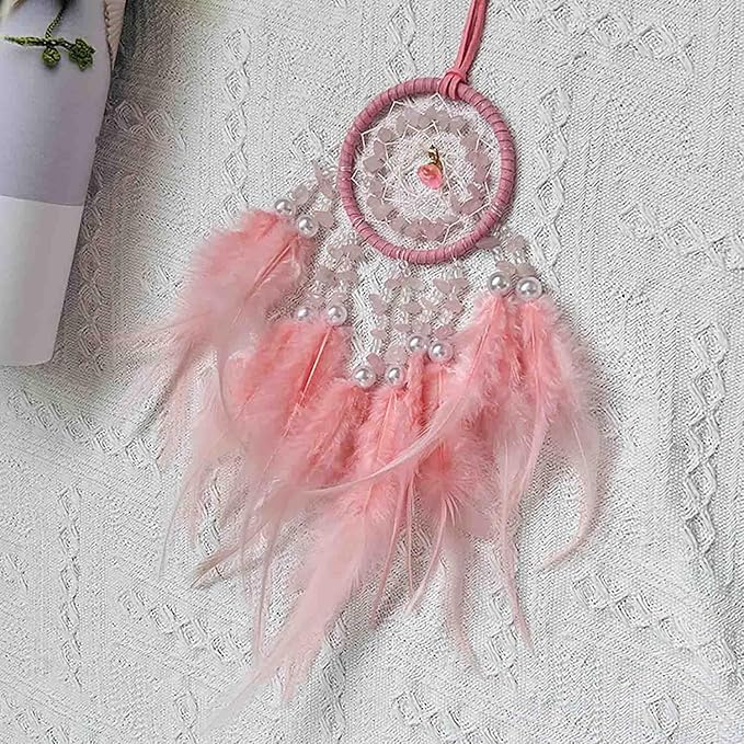 Car Dream Catcher for Rearview Mirror, Hanging Charm, Lucky Ornament Pendant, Interior Accessory (Pink)