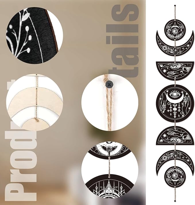 CREATCABIN 7Pcs Eyes Hands Moon Cycle Decor Boho Ornament Half Round Wood Pendant Moon Phase Decoration Halloween Ramadan Home Art Wall Hanging for Bedroom Farmhouse Gallery Apartment Bar 37.1x6.3in