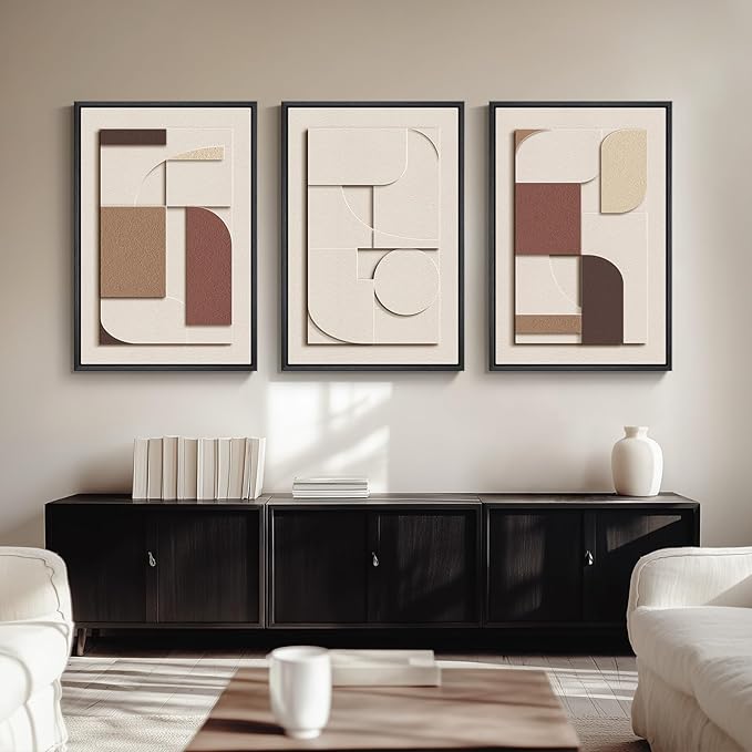 Large Framed 3D Textured Neutral Abstract Wall Art for Living Room, 3 Piece Modern Paintings Artwork for Walls, Minimalist Geometric Pictures for Hallway Office Dining Bedroom Wall Decor 24x36 In