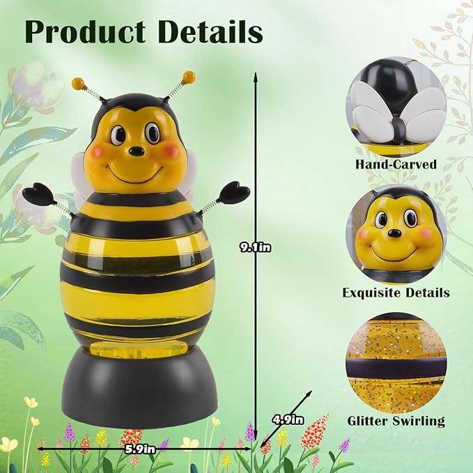 Summer Bee Snow Globe Decor with 6H Timer, Swirling Glitter Bee Snowglobe Spring and Summer Figurine Decorations, USB/Battery Operated, for World Bee Day Spring Holiday Home Decor and Gift