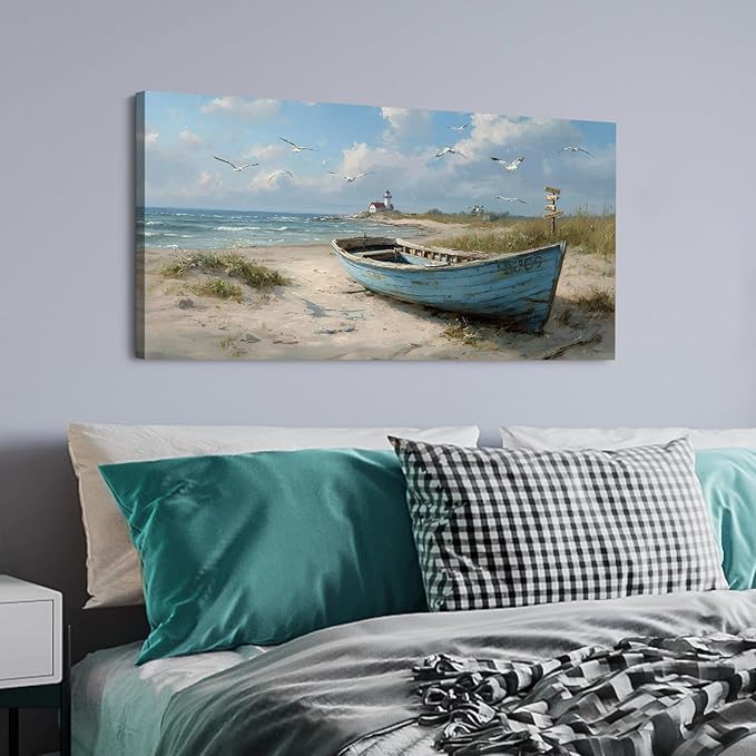 Coastal Wall Art Beach Wall Decor Nautical Ocean Canvas Picture Nature Seaside Boat Seascape Prints Painting Bathroom Decor Rustic Beach Scenery Artwork Living Room Bedroom Office Decoration 20x40"