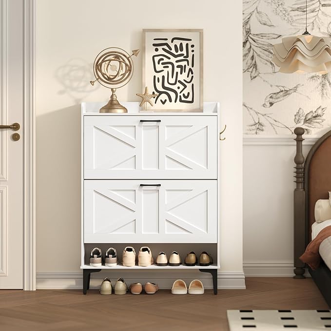 Shoe Storage Cabinet, Shoe Organizer with 2 Flip Drawers, Hidden Shoe Storage for Entryway, Freestanding Organizer with Open Storages, White SHWT9401