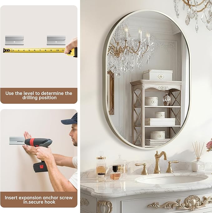 Brushed Nickel Mirror, 17"x30" Oval Bathroom Mirror, Oval Mirror with Brushed Metal Frame, Wall Mount Mirrors Decor for Bathroom, Bedroom, Entryway (Hangs Horizontally or Vertically)