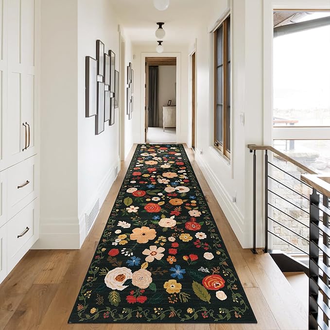 U'Artlines 2'6" x 10' Boho Runner Rug for Hallways Kitchen Colorful Floral Soft Non Slip Washable Floor Carpet Runners for Entryway Laundry Room Bathroom Green