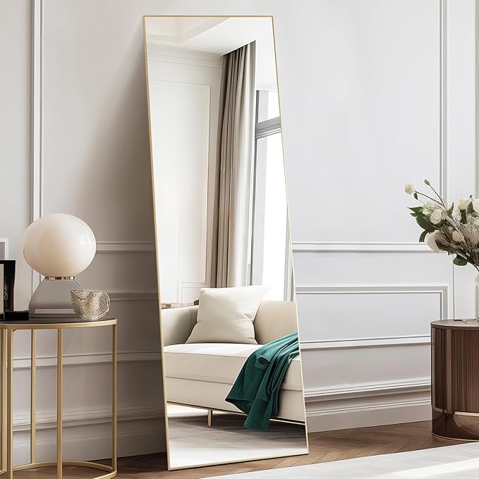 DUMOS 59"x16" Full Length Mirror, Full Body Mirror with Aluminum Alloy Thin Frame, Standing Mirrors with Leaning or Hanging, Suitable for Bedroom, Livingroom, Cloakroom, Gold