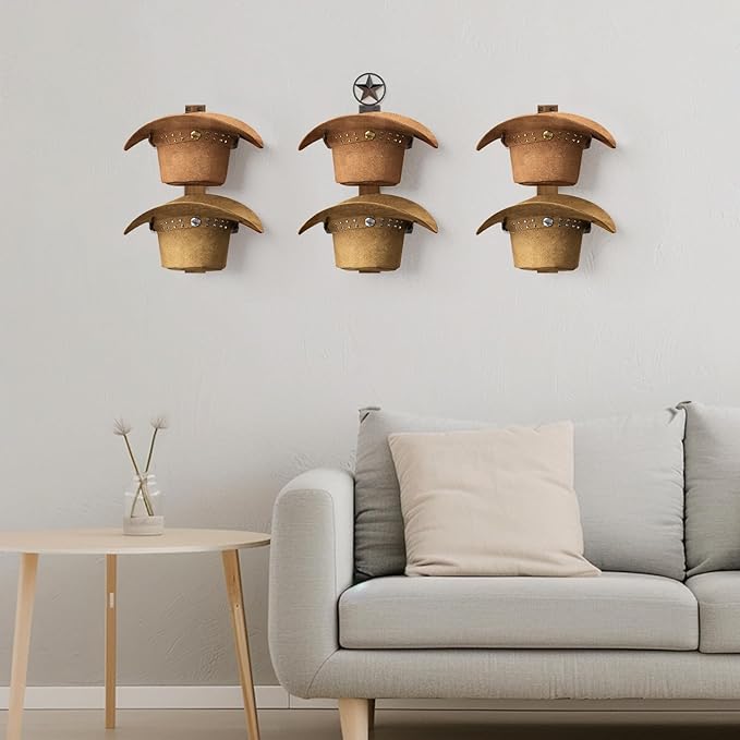 Cowboy Hat Rack for Wall – 3-Piece Western Hat Holder, Rustic Wooden & Metal Wall Mounted Cowboy Hat Organizer, Holds up to 6 Hats, Cowboy Room Decor & Storage Display Rack