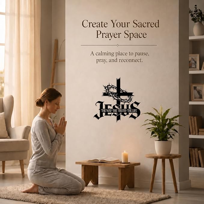 Jesus Wall Art Cross Wall Decor with Crown of Thorns - Metal Christian Wall Art "The Way The Truth The Life" Sign, Black Iron Religious Wall Art & Christian Wall Decor for Home Living Room Church