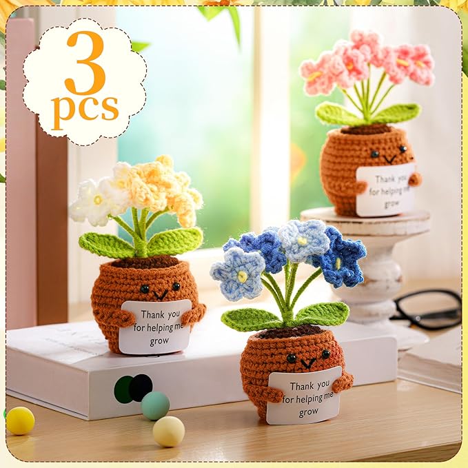 Wavwavw 3 Pack Teacher Appreciation Gift Positive Flower Handmade Crochet Doll Thank You for Helping Me Grow Gifts Back to School Gifts for Women Teacher(Forget Me Not)