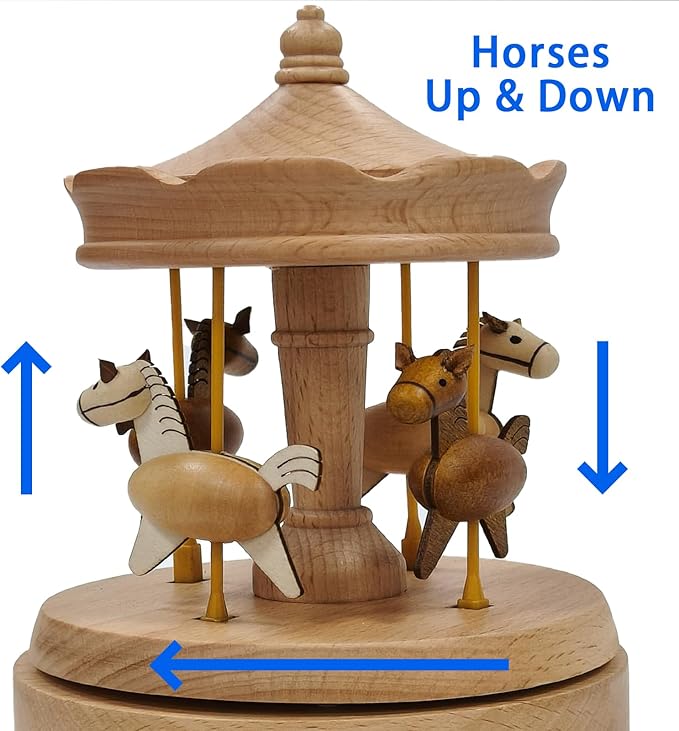 Briskfeel Wooden Carousel Music Box with Moving & Elevating Horses, Rotating Wind-Up Decor, Collectible Mechanical Musical Box, Timeless Gift