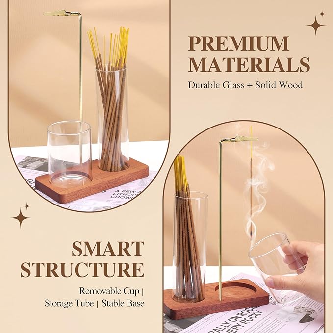 2 in 1 Incense Holder for Sticks with Glass Ash Catcher, Upside Down Anti-Ash Incense Stick Burner, Modern Vertical Incense Holder for Yoga, Spa, Meditation and Home Decor （Sqare）