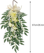 belupai 26.4 Inch Artificial Willows Swag with Flowers, Fake Wall Hanging Greenery Teardrop Dahlia Wreath Eucalyptus Garland with Bow Ribbon for Front Door Farmhouse Decor(White)