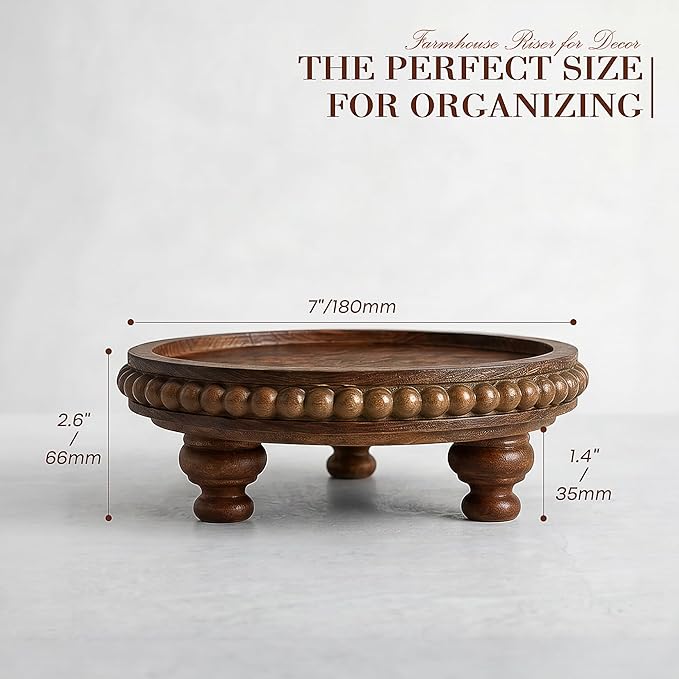 EOSAHR Pine Round Wood Riser for Room Decor - Beaded Pedestal Tray for Perfume Tray, and Bathroom Tray-Ideal Farmhouse Boho Kitchen Counter Decor for Apartment Essentials(Vintage Brown)