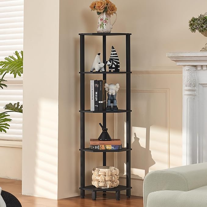 YUFAM 5-Tier Corner Shelf with Sturdy 5-Leg Base, Wooden Corner Bookshelf for Small Spaces, Corner Standing Shelf for Living Room, Bedroom, Office, Black
