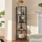 YUFAM 5-Tier Corner Shelf with Sturdy 5-Leg Base, Wooden Corner Bookshelf for Small Spaces, Corner Standing Shelf for Living Room, Bedroom, Office, Black