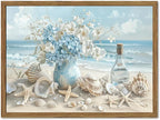 Framed Beach Canvas Wall Art, Blue Coastal Pictures Wall Decor Paintings, Ocean with White Floral Shell Poster Prints, Modern Seascape Artwork Home Decor for Living Room Bathroom 12x16 inch