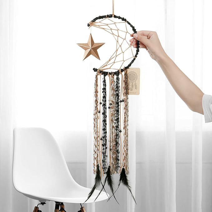 Dremisland Moon Dream Catcher Handmade Half Circle Moon Design Dream Catcher Feather Hanging with Star Home Decoration Ornament Festival Gift (Brown)