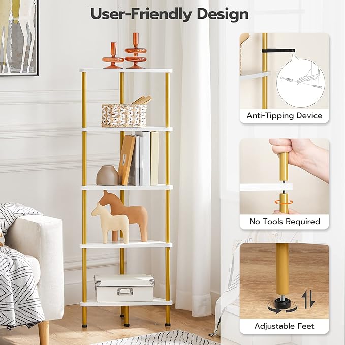 HOOBRO Corner Shelf Stand, Industrial 5-Tier Wall Corner Bookshelf with Metal Frame, Plant Display Shelf, Bookcase for Small Spaces, Bedroom, Living Room, White and Gold DW33CJ01
