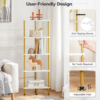 HOOBRO Corner Shelf Stand, Industrial 5-Tier Wall Corner Bookshelf with Metal Frame, Plant Display Shelf, Bookcase for Small Spaces, Bedroom, Living Room, White and Gold DW33CJ01