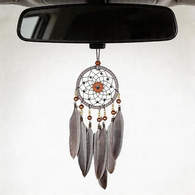 Dream Catchers for Cars Rear View Mirror, Small Feather Dream Catcher Wall Hanging Car Deco Car Charm Ornament (3.1 Grey)