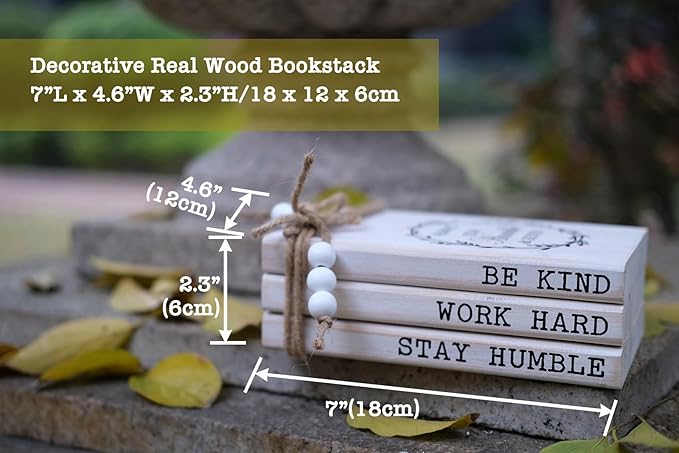 LIVDUCOT Wooden Decorative Books for Home Decor, White Faux Books for Rustic Decoration, Farmhouse Stacked Book Decor for Living Room, Entryway, Bookshelf （Be Kind Work Hard Stay Humble）