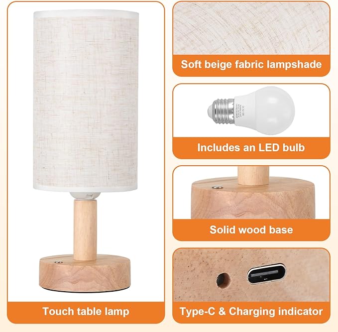 Rechargeable Cordless Touch Table Lamp with Stepless Dimming,Natural Wood Base&Linen Shade,Small Battery Wireless Ambient Night Light for Bedroom,Bedside,Nightstand,Nursery,Kitchen,Camping,Outdoor