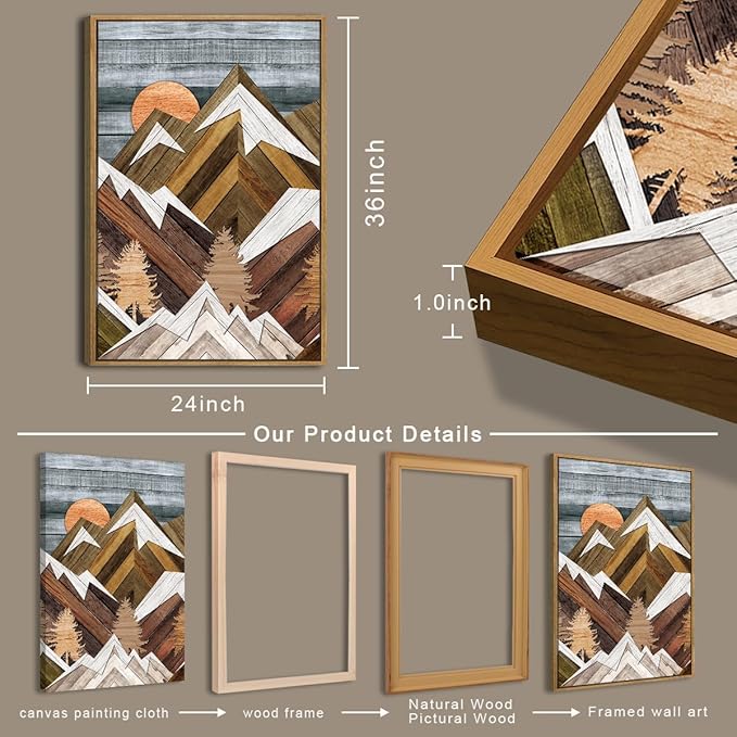 BINCUE Extra Large Mountain Wall Art Farmhouse Mountain Wall Decor Large Landscape Artwork 24x36 Inches Set of 3 Framed Rustic Painting Boho Mountains Artwork for Living Room Bedroom Office Farmhouse