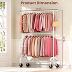 Heavy Duty Clothes Rack Load 600 LBS, Rolling Clothing Rack for Hanging Clothes with Lockable Wheels, Double Rod Garment Rack for Bedroom, Laundry, Clothing Store, White