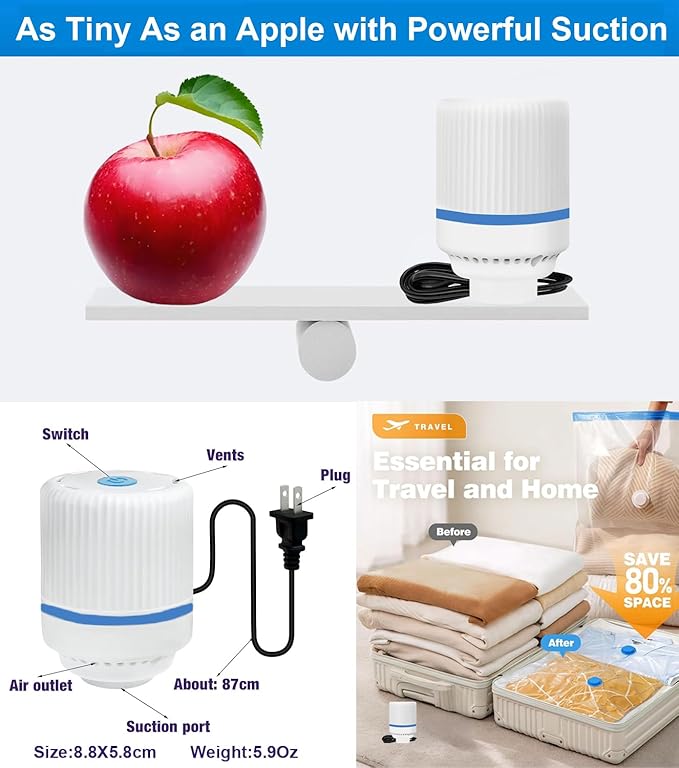 Electric Pump for Vacuum Storage Bags Travel Vacuum Pump for Various Sealing Bags Portable Vacpack Air Pump for Clothing, Pillows, Comforters (Storage Bag Not Included)
