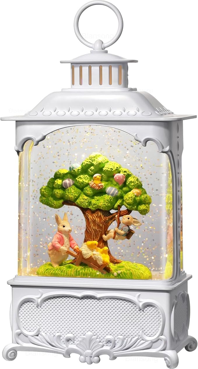 Easter Snow Globe Lantern Bunny Tree with Timer, USB and Battery Powered, Easter Decorations for Home Bunny Eggs Tree Chicken
