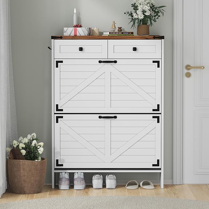 Shoe Cabinet with 2 Flip Drawers and Deodorizing Function, Hidden Shoe Storage Cabinet with 2 Pull-out Drawers, Farmhouse Shoe Organizer for Entryway, Narrow Shoe Rack for Front Door Entrance, White