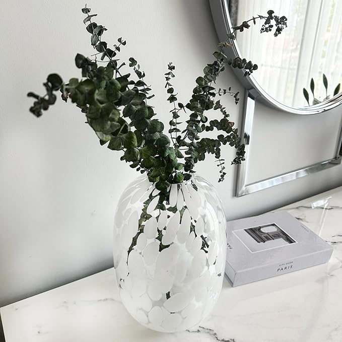 White Glass Vase, Large Glass Vase for Flowers, Modern Flower Vases, Tall Floor Vases for Living Room, Dining Table, Mantle, Shelf, Wedding, Office, 10 Inches