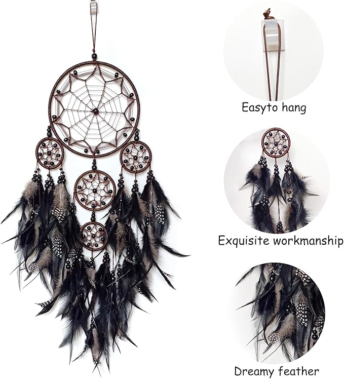 Large Dream Catcher Wall Decor Black Dream Catchers with Wooden Bead Handmade Feather Dreamcatcher Wall Hanging Ornament for Bedroom Living Room Home Decor