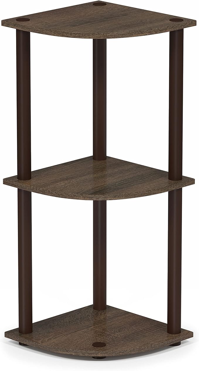 Furinno TURN-N-TUBE Corner Shelf, 3-Tier Corner Bookshelf, Display Storage Shelves, for Organization and Storage, Living Room, Home Office, Garage, Walnut
