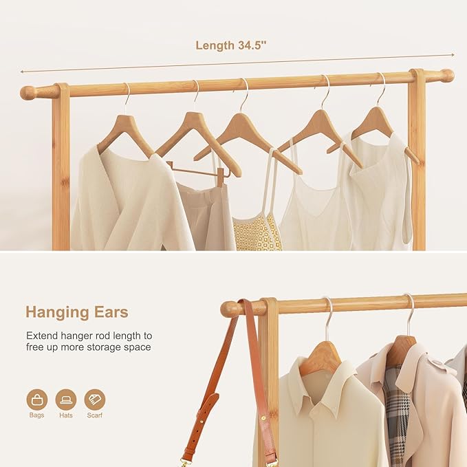 Bamboo Wooden Clothes Rack, Heavy Duty Garment Rack for Hanging Clothes, Freestanding Clothing Rack with 2 Tier Storage Shelves & Side Hooks for Living Room Bedroom Entryway