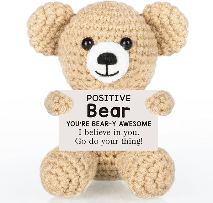 WELLBANEE Positive Crochet Bear Gift for Women Men, Mothers for Dad Mom, Positive Bear Graduation Gift for Daughter Son Student, Teacher, Friends, Boss Gifts for Women Coworker