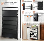 Easy Install Wooden Shoe Rack with Privacy Curtain - 6-Tier Foldable Shoe Storage Organizer, Unfold & Tighten to Use, Sturdy Wood Shoe Shelf for Closet Entryway Hallway Small Space