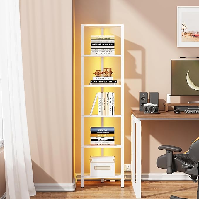 TUTOTAK 6-Tier Corner Bookshelf with LED Light,Corner Shelf for Small Space, Narrow Display Corner Shelf Stand with Storage Rack, for Living Room, Bedroom, Pure White V1BS05BW006L