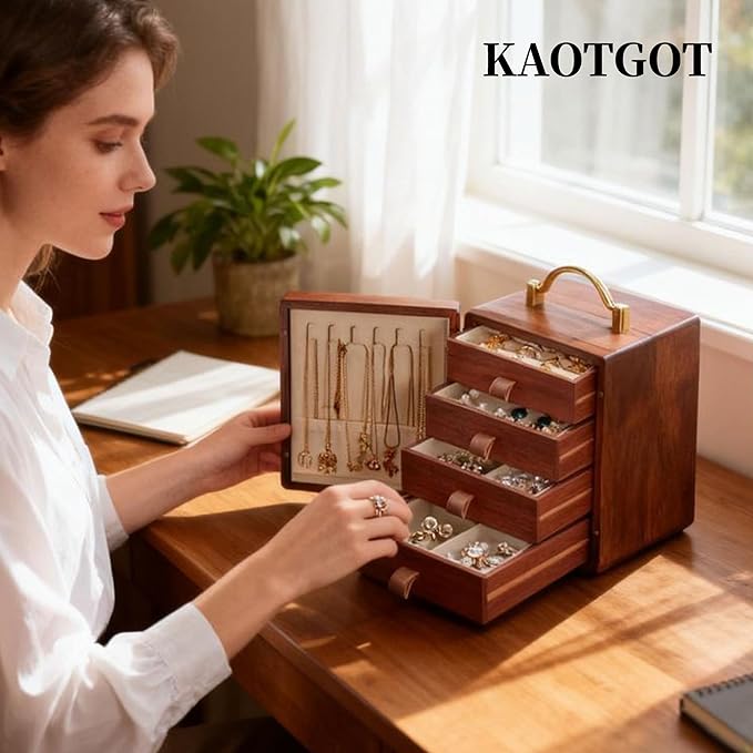 Wooden Jewelry Box for Women 4 Tier Walnut Wooden Jewelry Box with handle (Butterfly Prints B)
