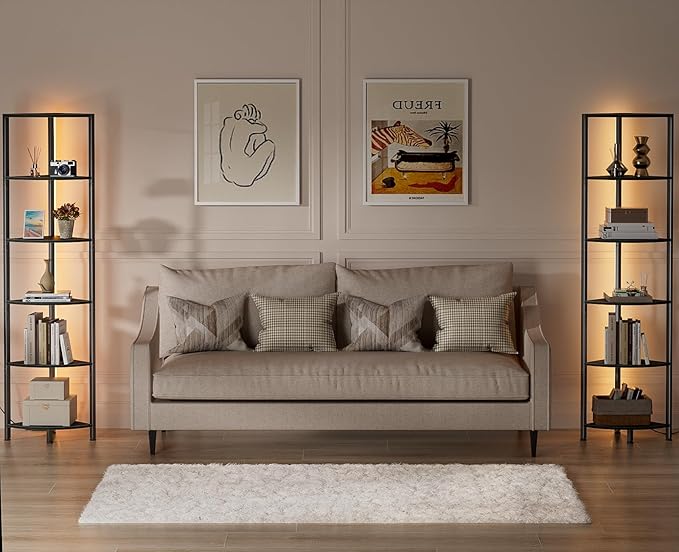Furnulem 6 Tier Corner Shelf with LED Light, 67.5” Tall Standing Shelf Organizer, Black Narrow Bookshelf with Storage Rack for Wall Corner, Living Room, Bedroom, Metal Frame, Wood Display Shelf