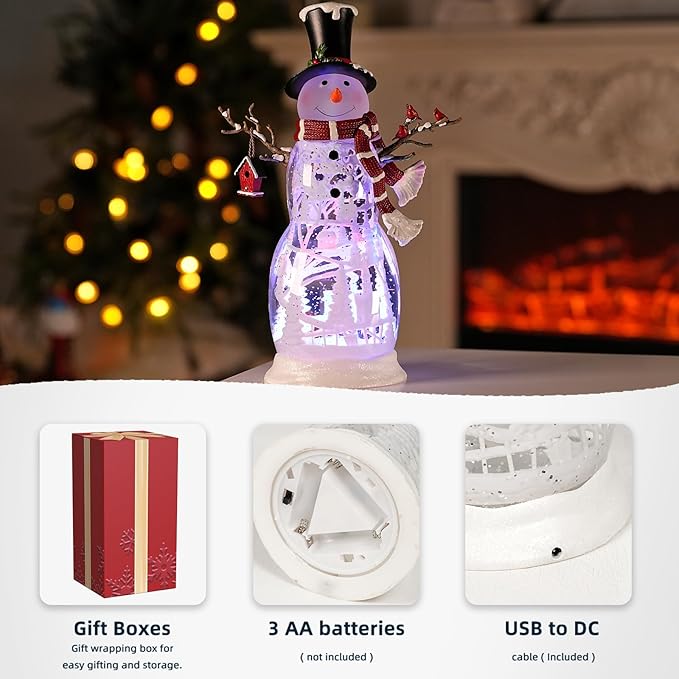 Large Snowman Christmas Snow Globe with Cardinals - Rotating Internal Scene with Swirling Glitter & Colorful Lights, 6H-Timer, Battery/USB Powered, Holiday Christmas Decoration(Snowman Cardinals)