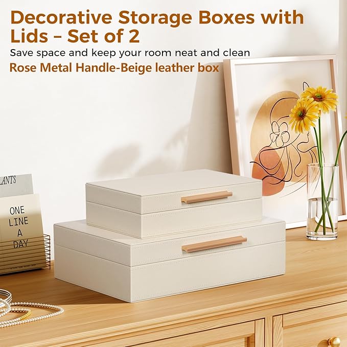 Decorative Box, Decorative Boxes with Lids 2-Set, Memory Box for Keepsakes, Beautiful PU Leather Decorative Storage Boxes in Style, Decor Box with Rose Metal Handle, Store Photos, Documents Beige