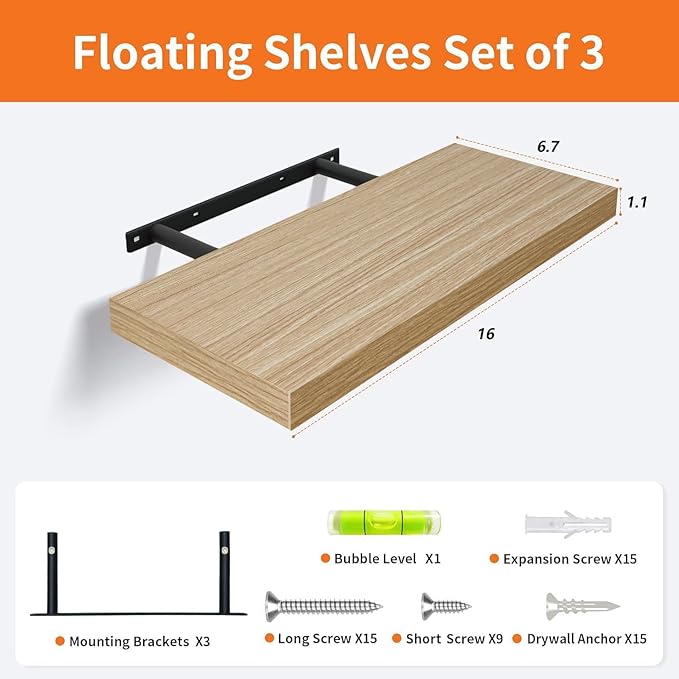 Upassion Floating Shelves for Wall Set of 3, 16" Light Brown Wood Wall Shelves for Home Decor, Frame Display Floating Shelf for Living Room, Bedroom, Bathroom, Kitchen